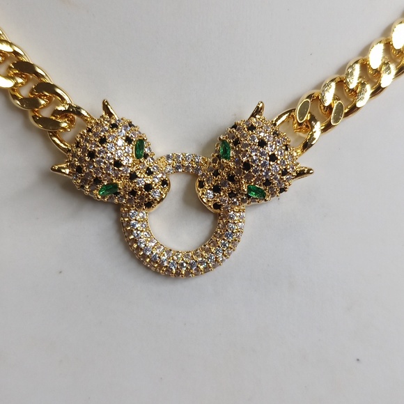 Chain 18K gold over Stainless steel Leopard panther head necklace Earrings set - Picture 3 of 9